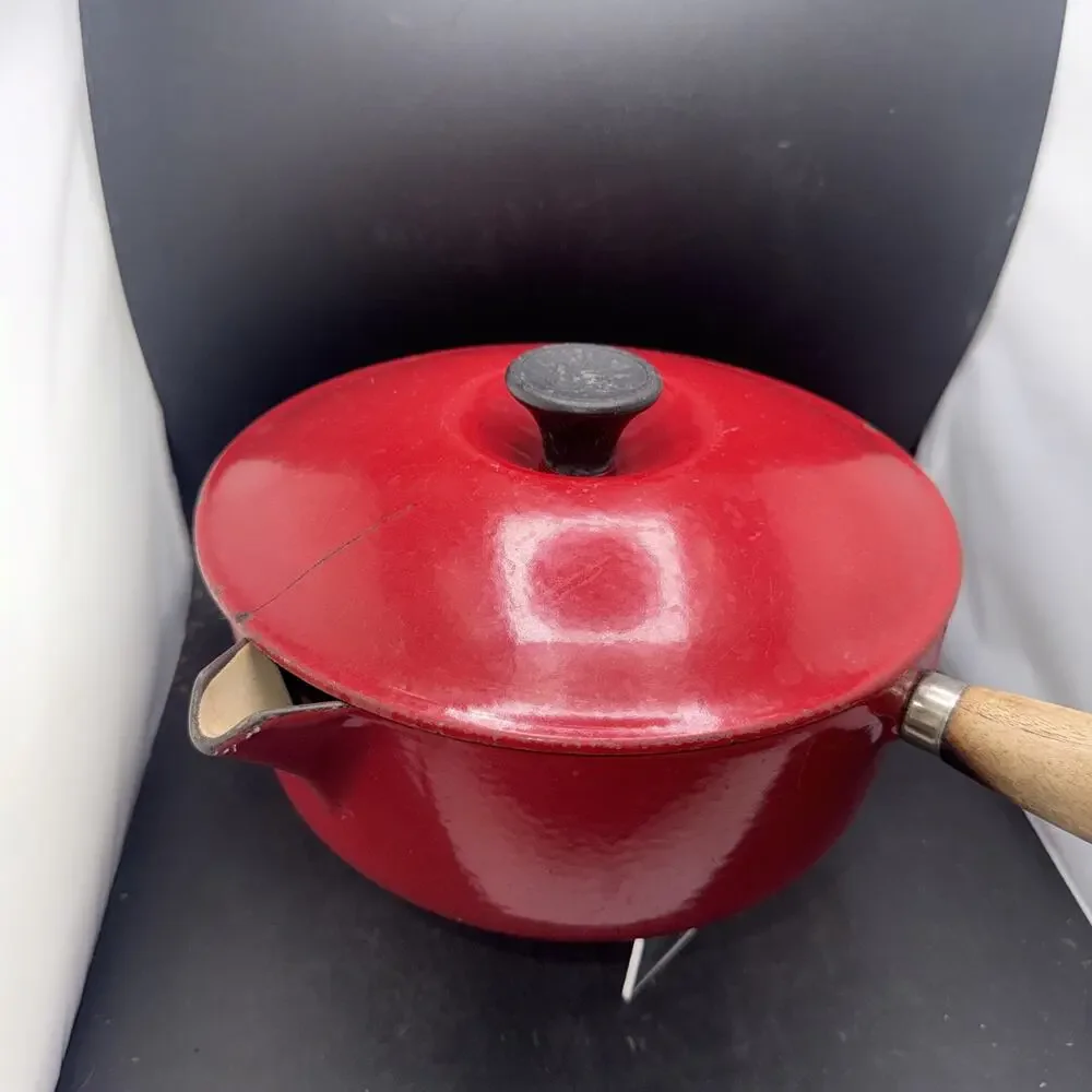 Le Creuset #22 Red Enameled Cast Iron Saucepan Pot w Lid Wood Handle France